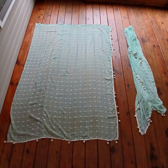True antique vintage 1930's 40's mint green pom pom curtains 60 x 79